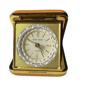 Vintage Phinney Walker Travel Alarm Clock World Time Germany Gold Tone Works 3x3